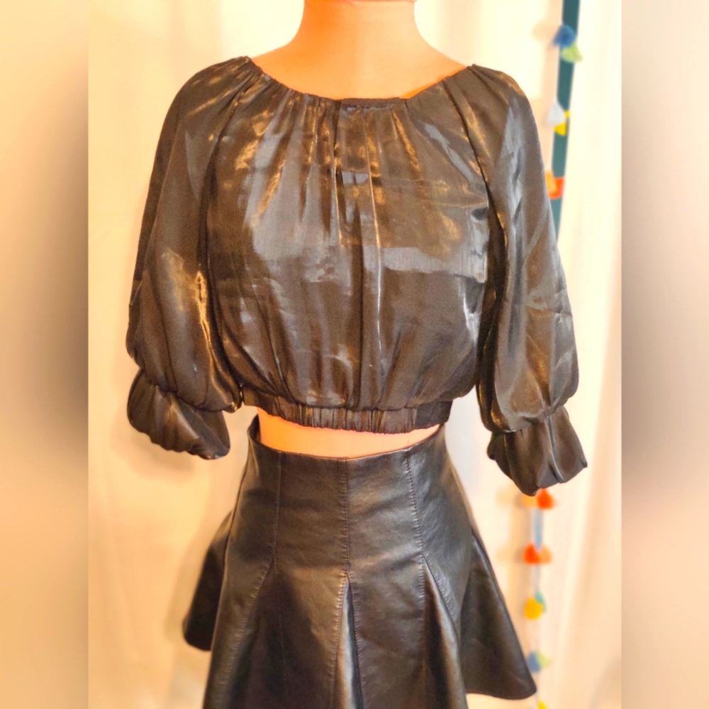 Ina iridescent silver/black  super Pouf cropped Top exposed back zipper  Chic S